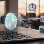 구글 Opal을 상징하는 빛나는 보석이 노트북 위에서 시계, 달력, 문서 아이콘과 디지털 선으로 연결되어 업무 자동화를 시각화한 3D 이미지.