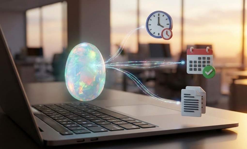 구글 Opal을 상징하는 빛나는 보석이 노트북 위에서 시계, 달력, 문서 아이콘과 디지털 선으로 연결되어 업무 자동화를 시각화한 3D 이미지.