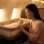 싱가포르 항공 기내 베시넷에서 평화롭게 잠든 아기와 그 모습을 행복하게 바라보는 엄마