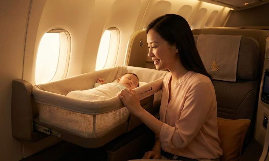 싱가포르 항공 기내 베시넷에서 평화롭게 잠든 아기와 그 모습을 행복하게 바라보는 엄마