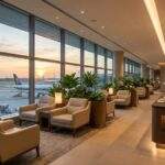 활주로 일몰이 보이는 싱가포르 창이공항 럭셔리 라운지 전경, 뷔페와 편안한 의자