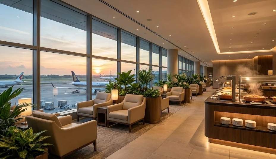 활주로 일몰이 보이는 싱가포르 창이공항 럭셔리 라운지 전경, 뷔페와 편안한 의자