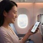 싱가포르 항공 이코노미석 창가 자리에 앉아 웃으며 스마트폰 와이파이 연결 완료 화면을 보고 있는 여성 승객.