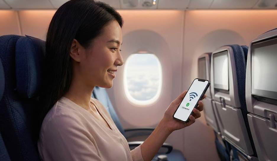 싱가포르 항공 이코노미석 창가 자리에 앉아 웃으며 스마트폰 와이파이 연결 완료 화면을 보고 있는 여성 승객.