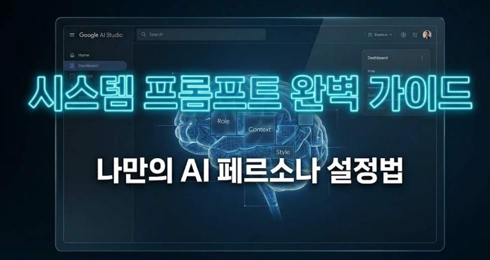 구글 AI 스튜디오 시스템 프롬프트 설정 인터페이스. 빛나는 디지털 뇌 설계도가 화면 중앙에 있고, 그 위에 'Role', 'Context', 'Style'이라는 블록이 연결되어 있다.