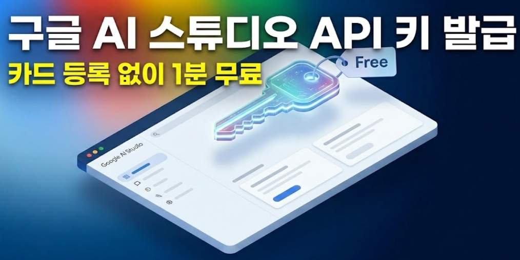 구글 AI 스튜디오 대시보드 위에 떠 있는 빛나는 디지털 열쇠와 'Free' 태그가 달린 3D 아이소메트릭 일러스트레이션입니다. 신용카드 없이 무료로 API 키를 발급받을 수 있음을 상징합니다.
