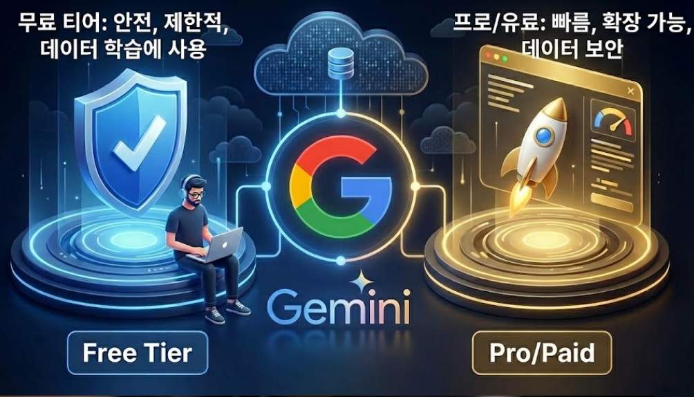 구글 Gemini API 무료 티어(Free Tier)와 프로/유료 티어(Pro/Paid)를 비교하는 미래지향적인 3D 일러스트. 왼쪽의 파란색 영역은 개발자가 안전하게 작업하는 모습을, 오른쪽의 금색 영역은 고속 로켓이 발사되는 모습을 보여줍니다.