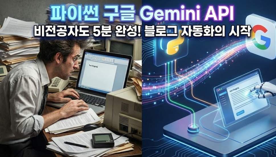 왼쪽에는 서류 더미에 파묻혀 스트레스 받는 수동 작업자가, 오른쪽에는 파이썬과 구글 제미나이 로고가 연결된 미래지향적인 자동화 시스템이 대비되어 있습니다.