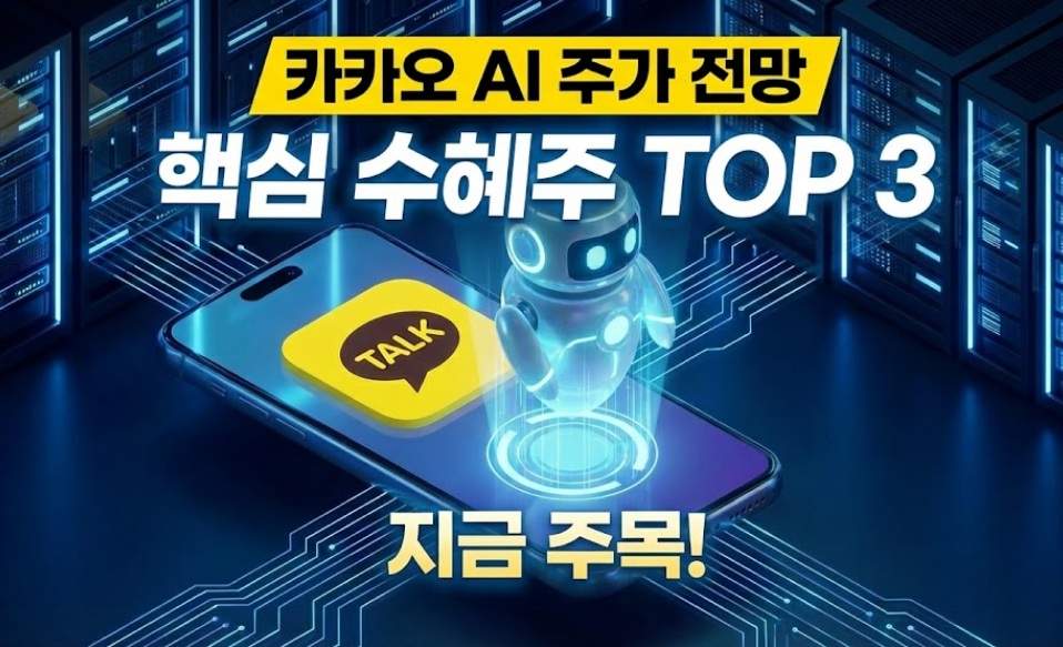 카카오 ai 관련주 전망 글의 썸네일: 카카오톡 로고가 있는 스마트폰에서 AI 로봇이 나오고, 배경에는 데이터센터 서버 랙이 연결된 미래적인 이미지.