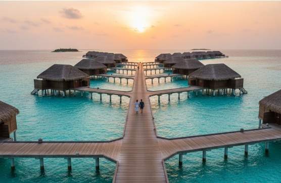몰디브 신혼여행: 리조트의 워터빌라들이 석양 아래 푸른 바다 위에 길게 늘어서 있고, 다리 위로 한 커플이 걸어가는 모습.
