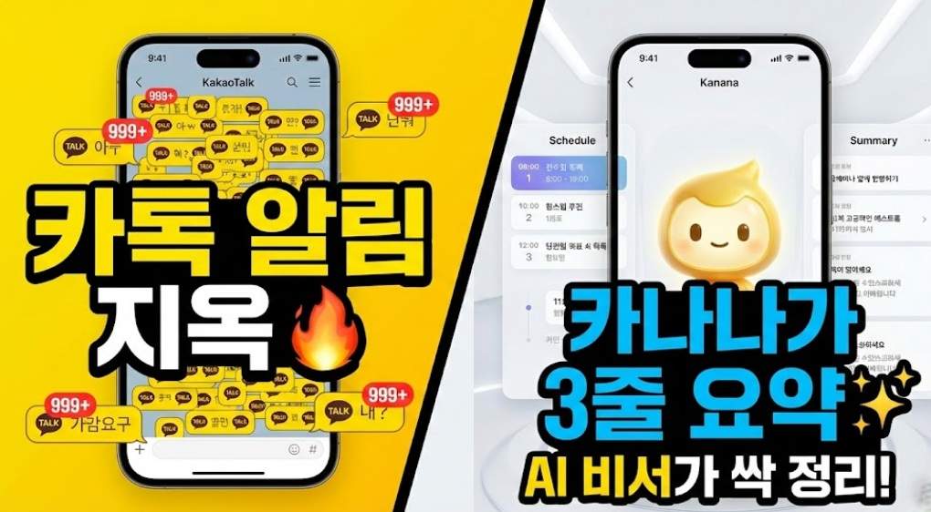 카카오톡 ai 카나나의 썸네일: 읽지 않은 메시지가 가득한 카카오톡 화면과 대화를 깔끔하게 요약하고 일정을 정리해주는 카나나 AI 앱 화면을 비교한 이미지