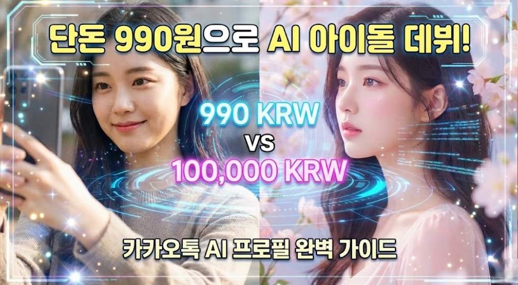 썸네일 이미지 왼쪽에는 실제 여성의 셀카와 "990원 (카카오)" 텍스트가, 오른쪽에는 화려한 AI 프로필 사진과 "10만원 (스튜디오)" 텍스트가 대비되어 있다. 중앙에는 큰 글씨로 "AI 프로필 990원! 인생샷 건지기"라고 적혀 있으며, 배경은 폭발하는 듯한 효과로 시선을 사로잡는다.