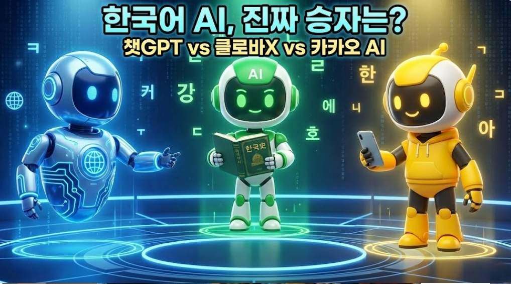 미래 도시 배경에서 파란색 로봇(챗GPT), 한국사 책을 든 초록색 로봇(네이버 클로바X), 스마트폰을 든 노란색 로봇(카카오 AI)이 대결하는 모습
