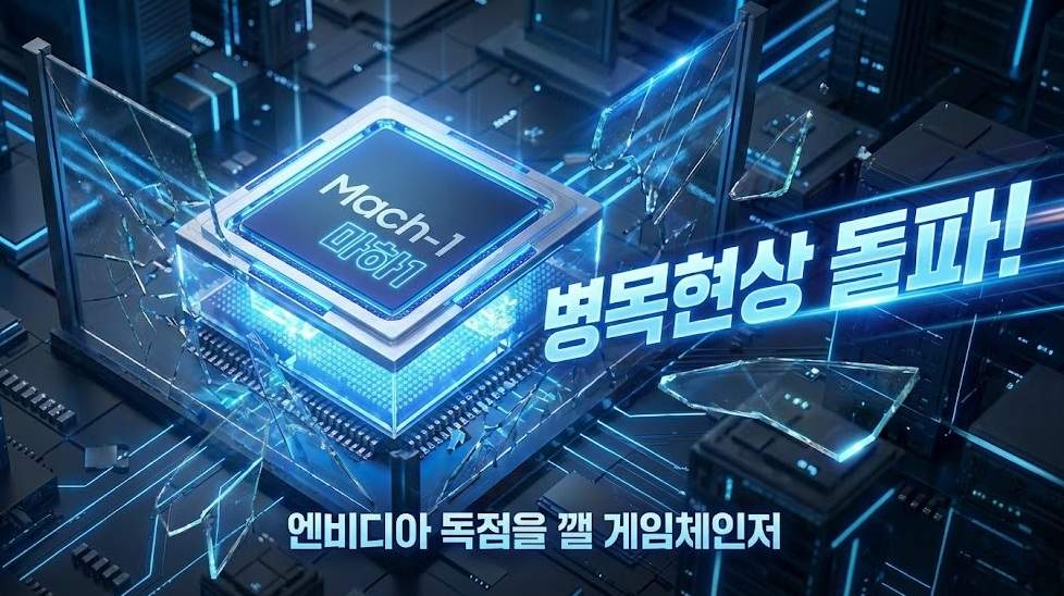 삼성 AI 반도체 마하1(Mach-1) 칩이 '병목현상'이라 적힌 유리 장벽을 깨부수며 푸른빛을 내뿜고 있다. 하단에는 '엔비디아 독점을 깰 게임체인저'라는 문구가 있어 마하1의 혁신성을 강조한다. 배경은 미래적인 회로 기판 도시 모습이다.