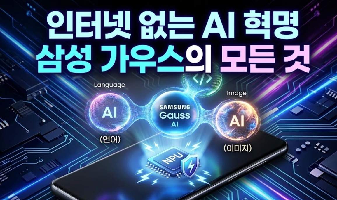 스마트폰 위로 떠오르는 삼성 AI 가우스의 3대 핵심 모델(언어, 코드, 이미지) 홀로그램과 로고