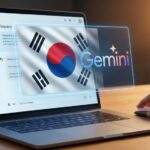 구글 AI 스튜디오 한국어 설정 방법이다. 노트북 화면 위에 한국 태극기와 제미나이(Gemini) 로고가 홀로그램으로 떠 있는 모습.