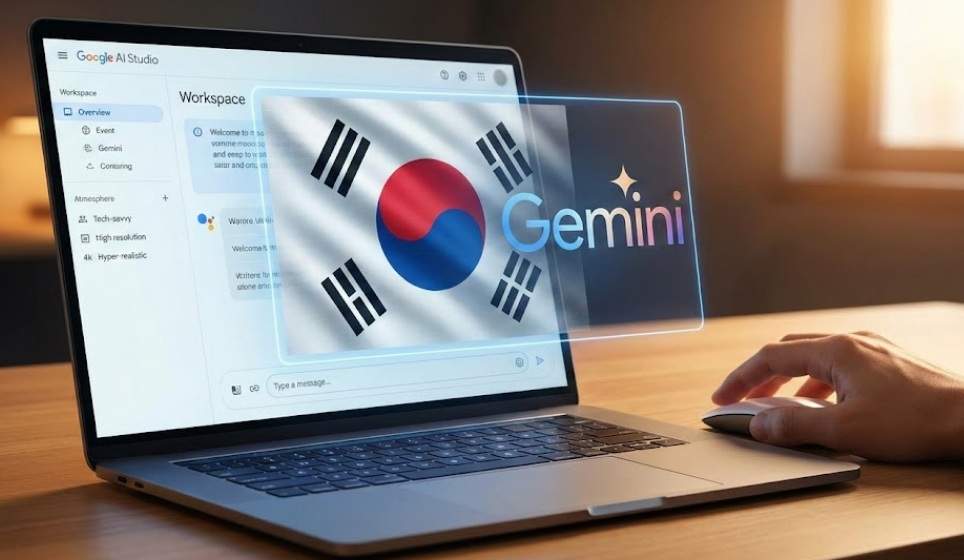 구글 AI 스튜디오 한국어 설정 방법이다. 노트북 화면 위에 한국 태극기와 제미나이(Gemini) 로고가 홀로그램으로 떠 있는 모습.