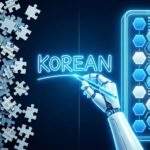 로봇 손이 빛나는 펜으로 'KOREAN'이라고 쓰고 있고, 왼쪽의 무질서한 퍼즐 조각이 오른쪽의 정돈된 구글 AI 스튜디오 문서 아이콘으로 변하는 미래지향적인 디지털 일러스트레이션.
