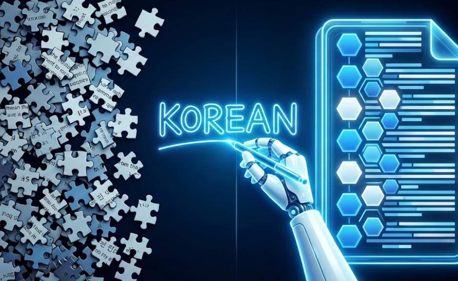 로봇 손이 빛나는 펜으로 'KOREAN'이라고 쓰고 있고, 왼쪽의 무질서한 퍼즐 조각이 오른쪽의 정돈된 구글 AI 스튜디오 문서 아이콘으로 변하는 미래지향적인 디지털 일러스트레이션.