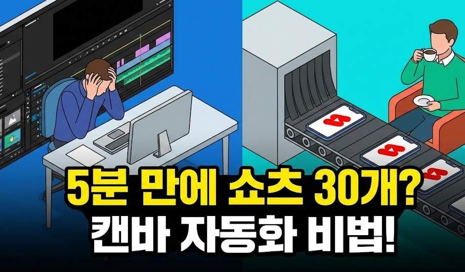 캔바 ai 쇼츠 대량생산: 좌측에는 복잡한 영상 편집 프로그램 앞에서 머리를 감싸 쥔 스트레스 받는 남성이 있고, 우측에는 커피를 마시며 편안하게 유튜브 쇼츠 로고가 찍힌 스마트폰이 컨베이어 벨트에서 자동으로 생산되는 것을 지켜보는 남성이 있는 분할 화면 일러스트. 중앙 하단에 "5분 만에 쇼츠 30개? 캔바 자동화 비법!"이라는 노란색과 흰색의 큰 텍스트가 있다.