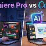 프리미어 프로의 복잡한 타임라인을 보고 스트레스받는 사람과 캔바 동영상 편집 AI 기능을 사용하며 웃는 사람을 비교한 유튜브 썸네일 분할 화면.