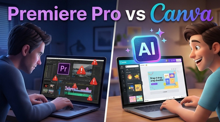 프리미어 프로의 복잡한 타임라인을 보고 스트레스받는 사람과 캔바 동영상 편집 AI 기능을 사용하며 웃는 사람을 비교한 유튜브 썸네일 분할 화면.