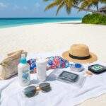 몰디브 여행 준비물: 해변에 놓인 필수 여행 준비물 (샤워기 필터, 선크림, 비치웨어 등)