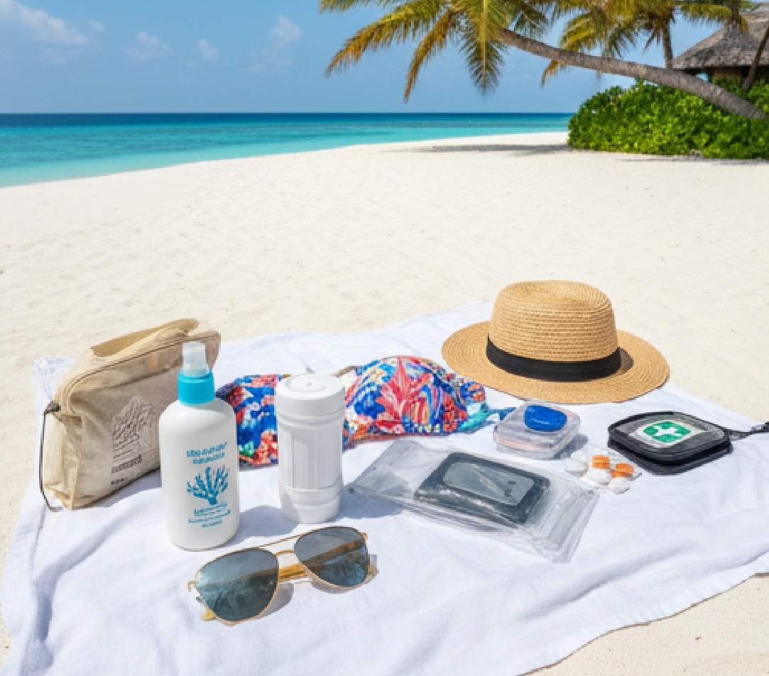 몰디브 여행 준비물: 해변에 놓인 필수 여행 준비물 (샤워기 필터, 선크림, 비치웨어 등)