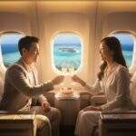 싱가포르 항공 비즈니스 클래스에서 몰디브 라군을 배경으로 샴페인을 들고 건배하는 행복한 신혼부부와 허니문 케이크.