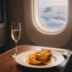 싱가포르 항공 비즈니스석 기내에서 창밖의 구름을 배경으로 샴페인 한 잔과 함께 랍스터 테르미도르 요리가 테이블에 놓여있는 모습.