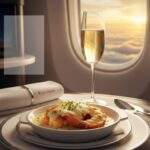 싱가포르 항공 북더쿡 메뉴 추천을 통해 퍼스트 클래스 기내에서 창밖 노을을 배경으로 제공된 랍스터 테르미도르와 샴페인