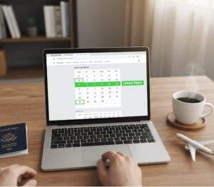 랩톱 화면에 항공권 예약 달력이 표시되어 있으며, 'Lowest Price!'가 강조된 날짜가 보인다. 옆에는 여권, 커피잔, 작은 비행기 모형이 놓여 있다.