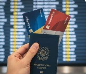 싱가포르 항공 마일리지 적립을 성공한 뒤 한국 여권을 든 손이 크리스플라이어와 아시아나 클럽 로고가 새겨진 두 장의 카드 위에 놓여있고, 배경에는 공항 출발 전광판이 흐릿하게 보인다