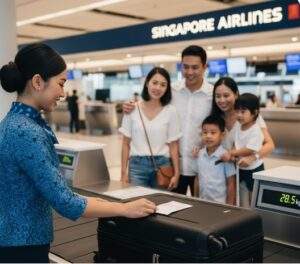 싱가포르 항공 체크인 카운터에서 승무원이 가족 여행객의 캐리어에 수하물 태그를 부착하는 모습. 뒤편으로 행복한 표정의 가족들이 서 있다.