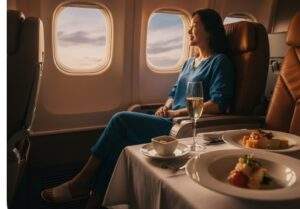 싱가포르 항공 프리미엄 이코노미 클래스에서 제공되는 고급스러운 기내식과 샴페인.