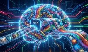 구글의 브랜드 색상(파랑, 빨강, 노랑, 초록)으로 빛나는 회로 기판으로 이루어진 뇌 모양의 구조물. 'Veo 3'라고 적힌 칩이 있고, 뇌 속으로 필름 스트립이 들어가 끊김 없는 비디오 스트림으로 변환되어 나오는 모습