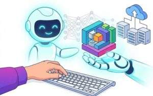 인간 개발자의 손과 친근한 AI 로봇이 협력하여 복잡한 소프트웨어 아키텍처 블록을 다루는 일러스트. 배경에는 신경망과 클라우드 서버가 연결되어 있어 Agent-first IDE의 작동 원리를 보여준다.