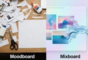 왼쪽에는 종이와 풀로 만들어진 전통적인 무드보드가, 오른쪽에는 이미지가 유체처럼 섞이는 디지털 믹스보드 인터페이스가 대비되어 있는 이미지.