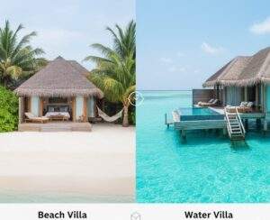 몰디브 신혼 여행: 왼쪽에는 하얀 모래사장 옆 야자수 아래 자리 잡은 비치 빌라, 오른쪽에는 에메랄드빛 바다 위에 개인 풀이 있는 워터 빌라가 비교되어 보이는 이미지.
