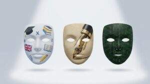 세 개의 디지털 마스크가 공중에 떠 있다. 왼쪽 마스크는 학사모와 책으로 장식된 영어 튜터, 가운데는 만년필 모양의 작가, 오른쪽은 매트릭스 코드로 이루어진 개발자를 상징한다.