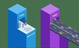 구글 Gemini API 가격 정책: 무료 및 유료 티어 간 속도 제한(Rate Limit) 차이를 보여주는 아이소메트릭 비교 차트. 왼쪽의 파란색 'Free' 기둥은 한 번에 한 명만 통과하는 좁은 문을, 오른쪽의 보라색 'Paid' 기둥은 여러 대의 차가 동시에 지나가는 넓은 고속도로를 묘사합니다.