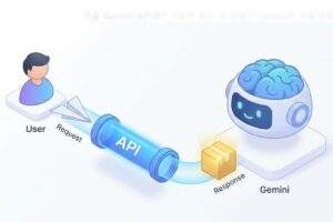 사용자가 'Request' 종이비행기를 'API' 파이프를 통해 AI 로봇인 'Gemini'에게 보내고, Gemini가 'Response' 상자를 다시 API 파이프를 통해 사용자에게 보내는 과정을 보여주는 인포그래픽입니다