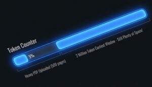 구글 AI 스튜디오 pdf 논문 분석 시 인터페이스 내의 토큰 카운터 바(Bar)가 500페이지 분량의 대용량 PDF 파일을 업로드했음에도 불구하고 5%밖에 채워지지 않아, 200만 토큰 컨텍스트 윈도우의 광활한 여유 공간을 시각적으로 보여주는 UI 디자인.