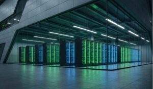 카카오 AI 관련주 주가 전망: 최신식 하이퍼스케일 데이터센터 내부에 수많은 서버 랙이 초록색과 파란색 빛을 내며 작동하고 있는 모습.