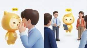 카카오 ai 카나나: 사용자에게 귓속말하는 개인 AI 비서 나나(Nana)와 그룹 사람들 사이에서 일정을 관리하는 단톡방 AI 매니저 카나(Kana)의 3D 캐릭터 일러스트