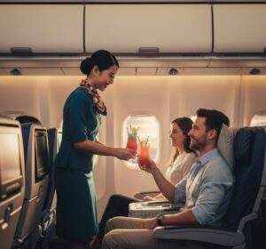 싱가포르 항공 몰디브행 항공 승무원이 승객에게 칵테일을 서빙하는 모습