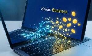 노트북에서 뿜어져 나오는 마케팅 성공 아이콘들, 카카오 비즈니스 AI 효과 시각화