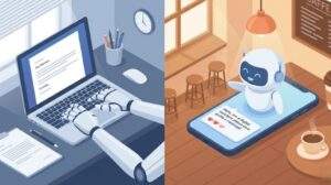 좌측은 사무실에서 로봇팔이 딱딱한 업무 메일을 작성하는 모습, 우측은 카페에서 스마트폰 속 AI가 하트 이모티콘과 함께 친절한 메시지를 제안하는 모습의 비교 일러스트