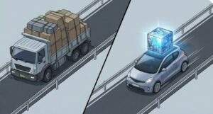 기존 GPU와 삼성 마하1의 작동 원리를 비교한 일러스트. 왼쪽은 좁은 도로에 과적 트럭이 막혀 있는 모습으로 기존 방식의 병목현상을 비유하고, 오른쪽은 같은 좁은 도로를 압축된 큐브를 실은 소형차가 빠르게 통과하며 마하1의 데이터 경량화 기술을 설명한다.