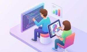 한 명은 코딩을, 다른 한 명은 태블릿으로 그림을 그리며 책을 읽고 있는 두 아바타의 모습을 통해 멀티태스킹 AI를 표현한 일러스트